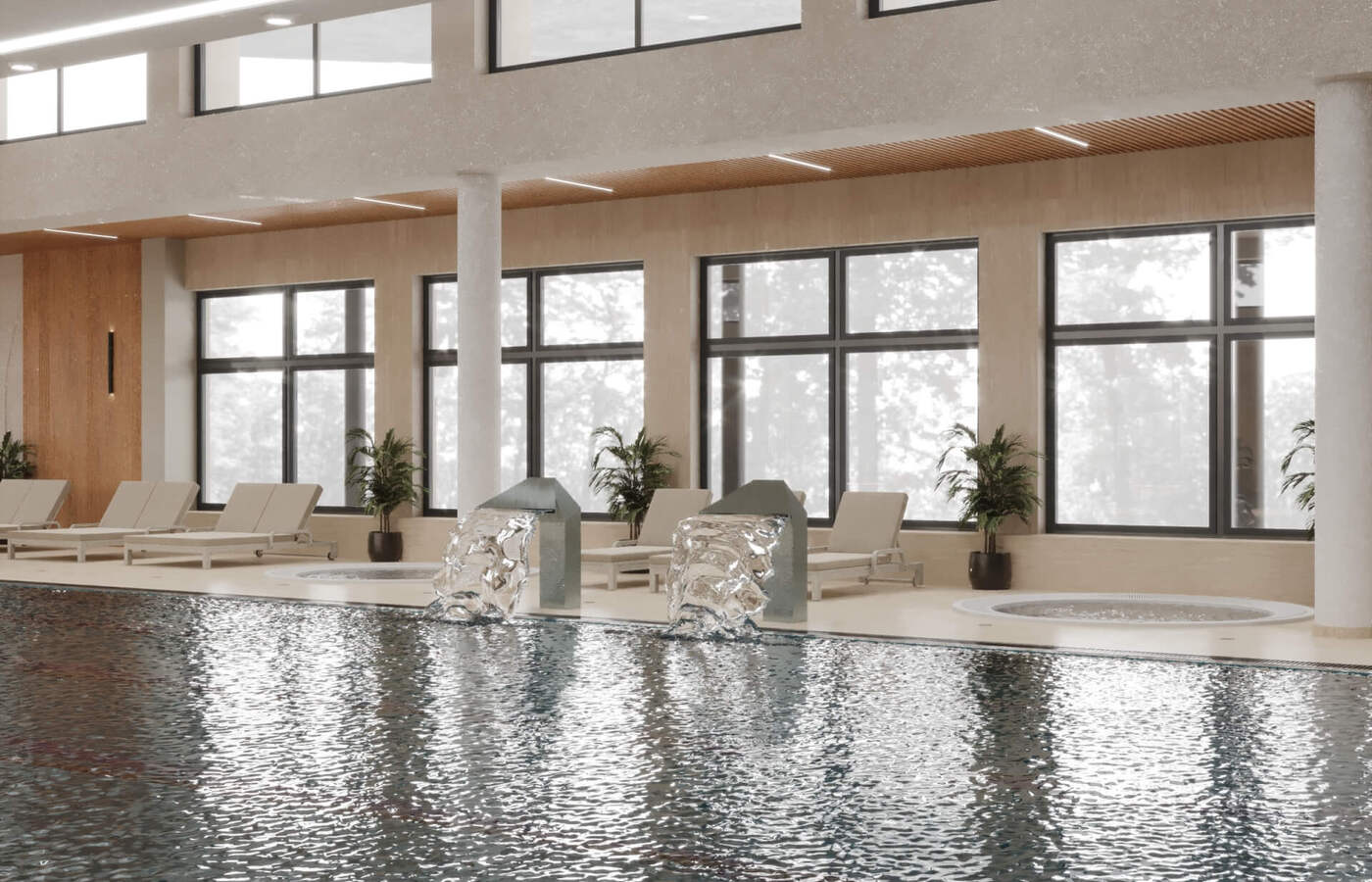 Kryty basen hotelowy z leżakami, kaskadowymi wodospadami, dużymi oknami i jasnym, nowoczesnym wnętrzem