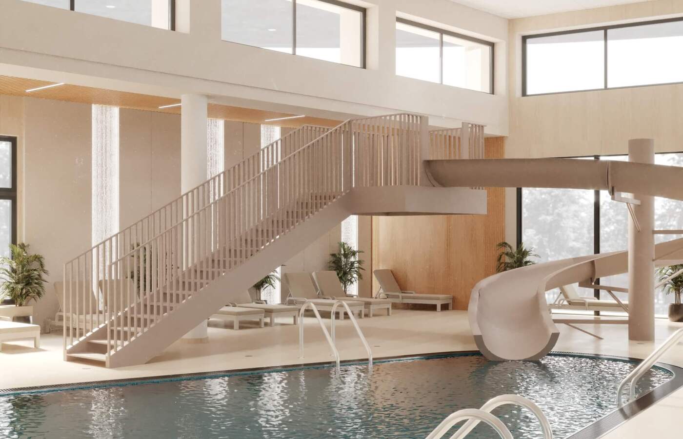 Kryty basen z kręconą zjeżdżalnią, metalowymi drabinkami, leżakami, dużymi oknami i ciepłymi drewnianymi wykończeniami, jasne, nowoczesne wnętrze