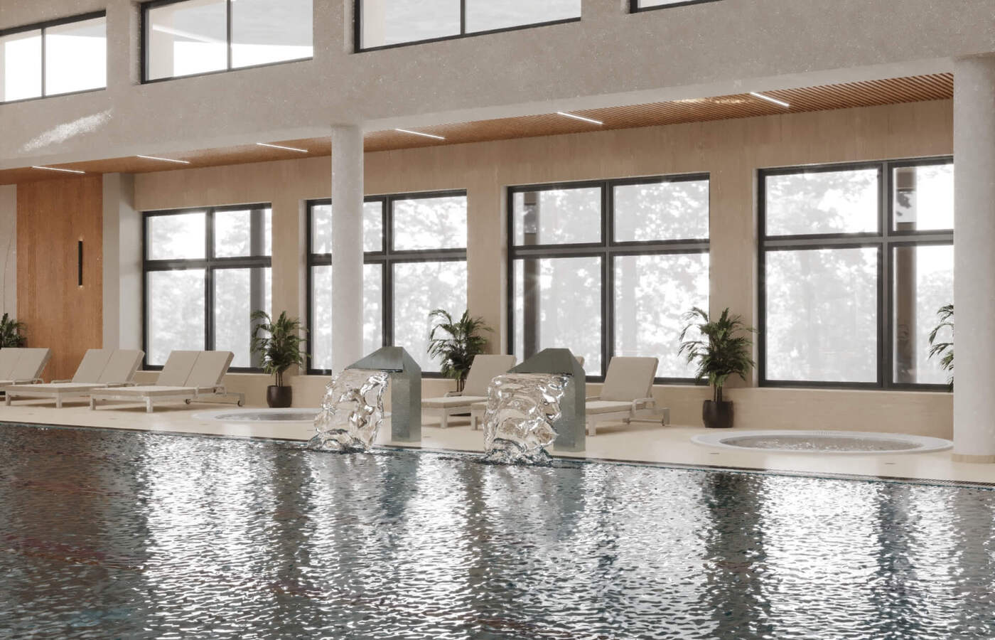 Kryty basen sportowy z kaskadami wodnymi, dużymi oknami, leżakami przy basenie, jacuzzi i nowoczesnym drewnianym wnętrzem spa