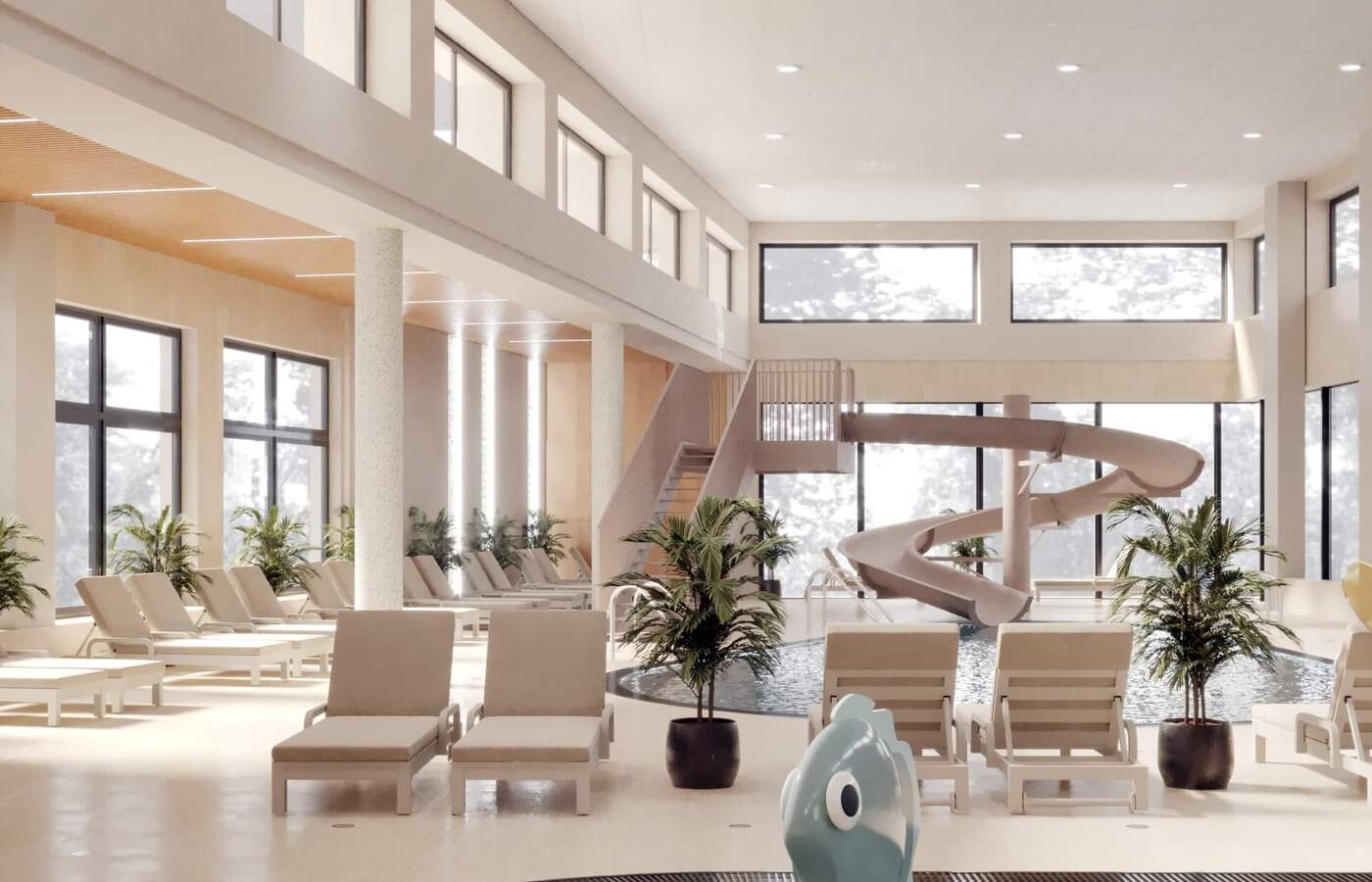 Wewnętrzny basen hotelowy z brodzikiem dla dzieci i figurką ryby, kręta zjeżdżalnia, leżaki, doniczkowe rośliny i duże okna