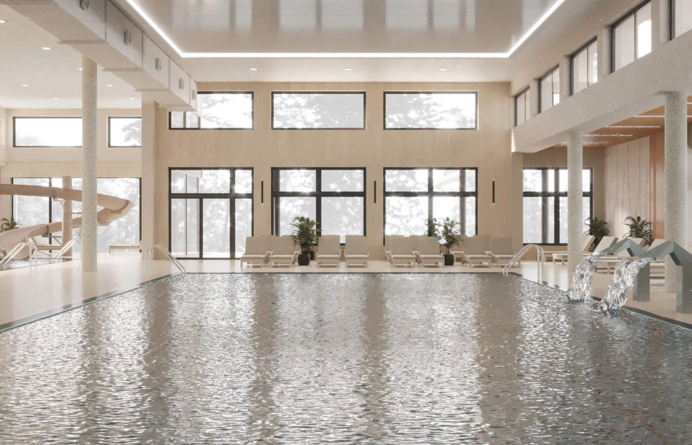 Przestronny kryty basen hotelowy z leżakami, dużymi oknami, kaskadami wodnymi, zjeżdżalnią i ciepłym, drewnianym wykończeniem.