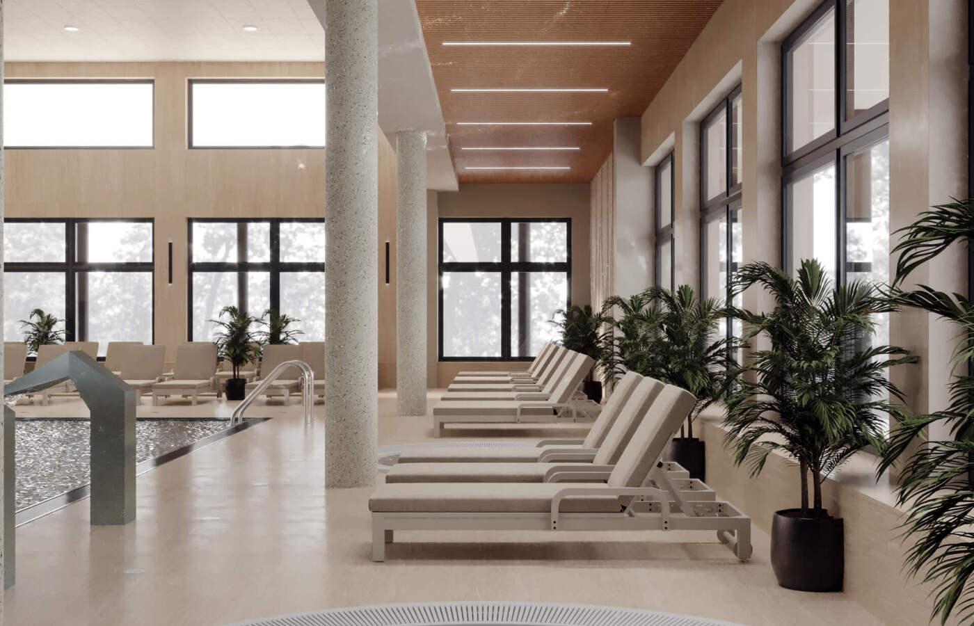 Strefa spa z okrągłym jacuzzi, basenem do pływania, rzędem leżaków, dużymi oknami i drewnianym sufitem.