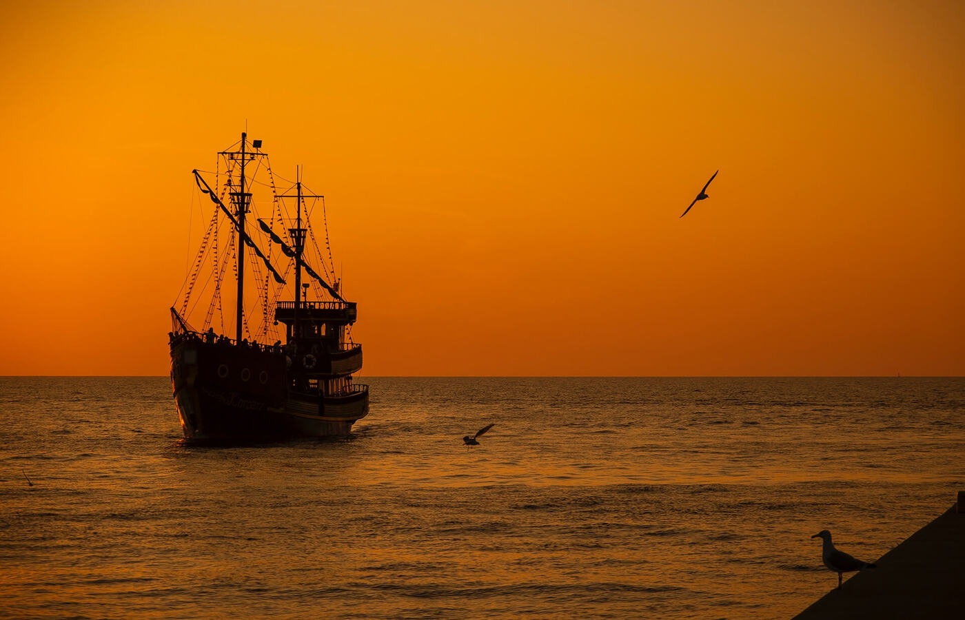 Sylwetka statku wycieczkowego na spokojnym morzu podczas pomarańczowego zachodu słońca, mewy w locie i na molo, romantyczny wieczorny rejs