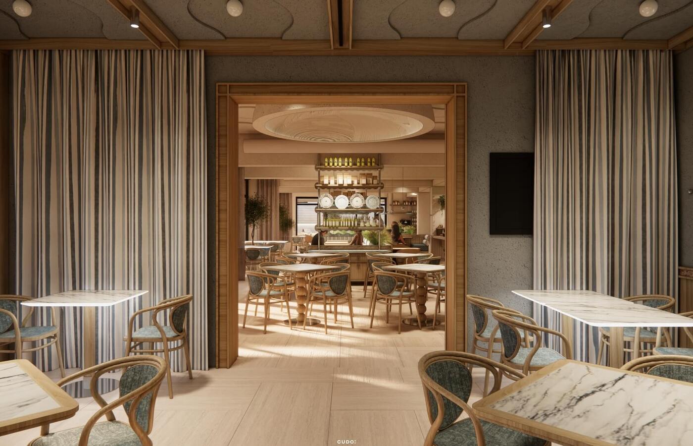 Przytulna restauracja hotelowa z marmurowymi stolikami, giętymi krzesłami i barem z talerzami i butelkami