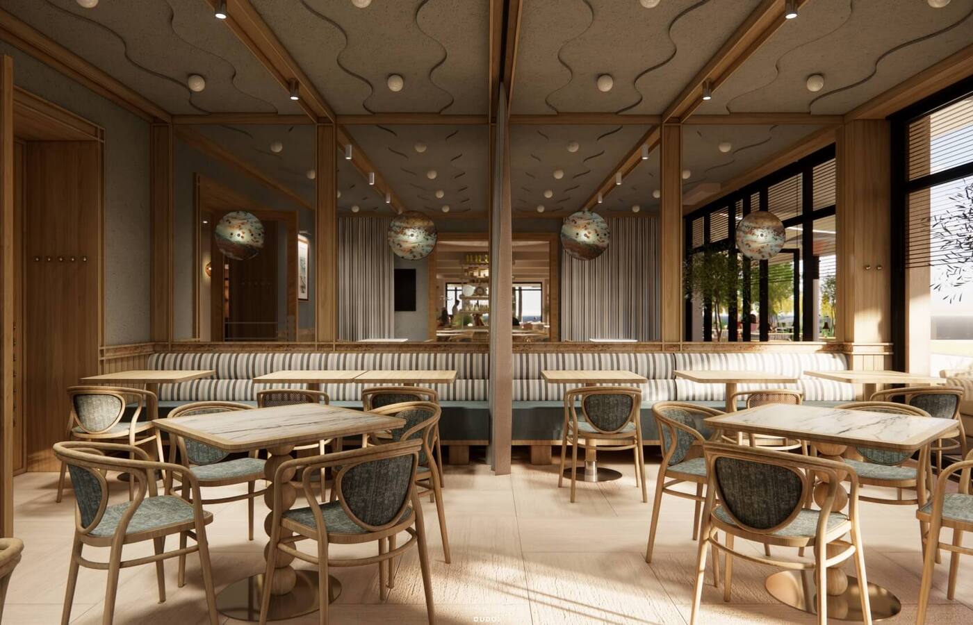 Przytulna restauracja hotelowa z drewnianymi meblami, pasiastą kanapą, turkusowymi krzesłami i kulistymi lampami przy słonecznych oknach
