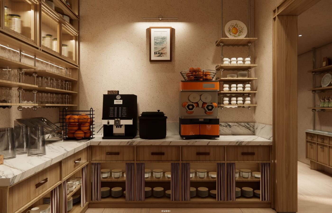 Stacja śniadaniowa z marmurowym blatem, ekspresem, wyciskarką do soku, koszem pomarańczy oraz filiżankami i talerzami na drewnianych półkach