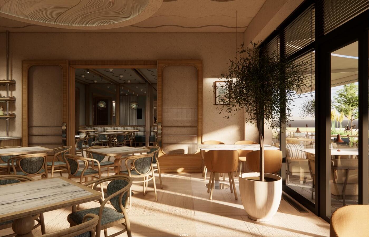 Słoneczne bistro hotelowe z marmurowo-drewnianymi stolikami, krzesłami z rattanu, donicą z oliwką i widokiem na taras.