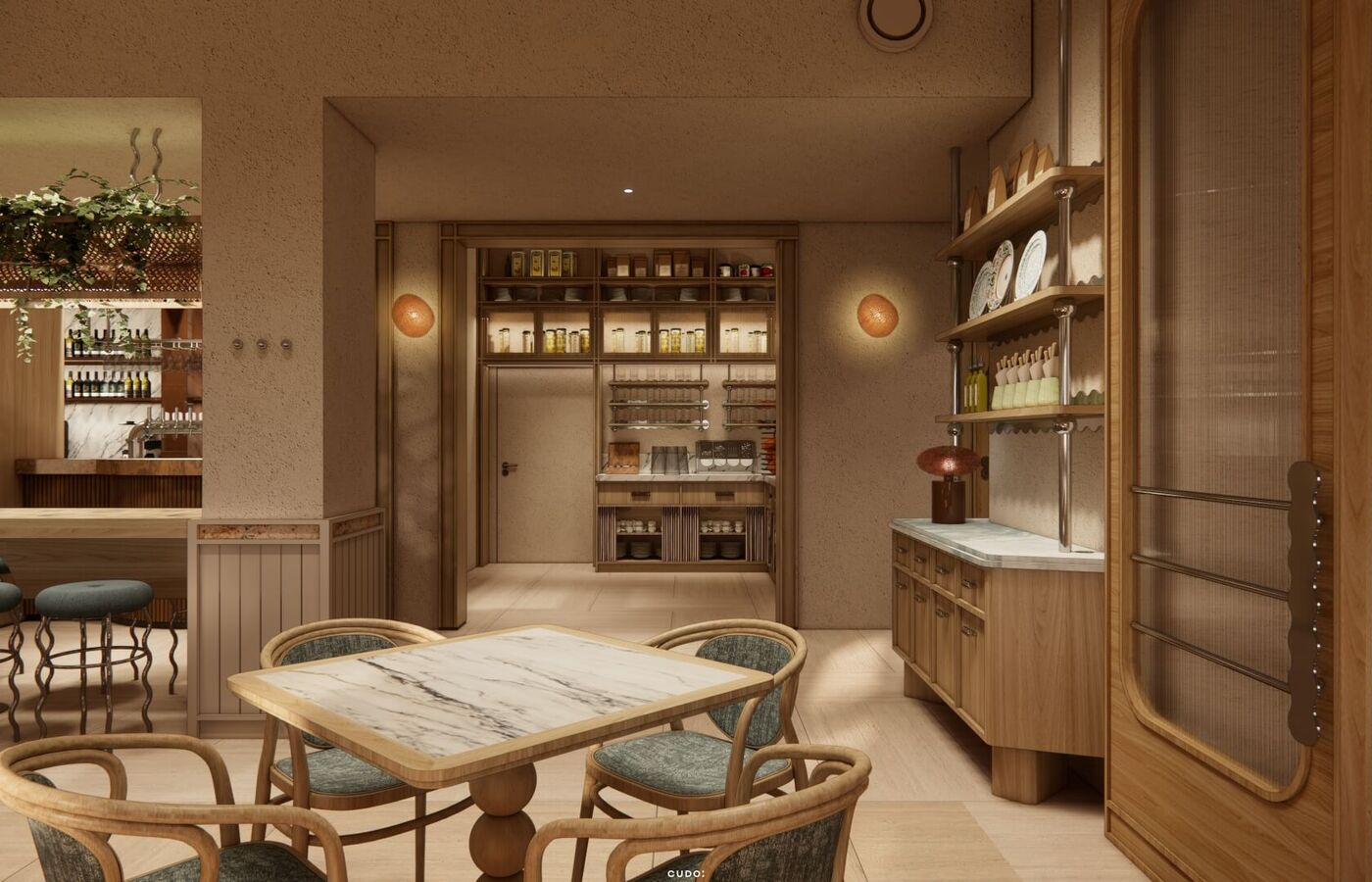 Przytulny kącik jadalny w hotelu z marmurowym stołem, rattanowymi krzesłami, drewnianym barem, otwartymi półkami i ciepłym oświetleniem.