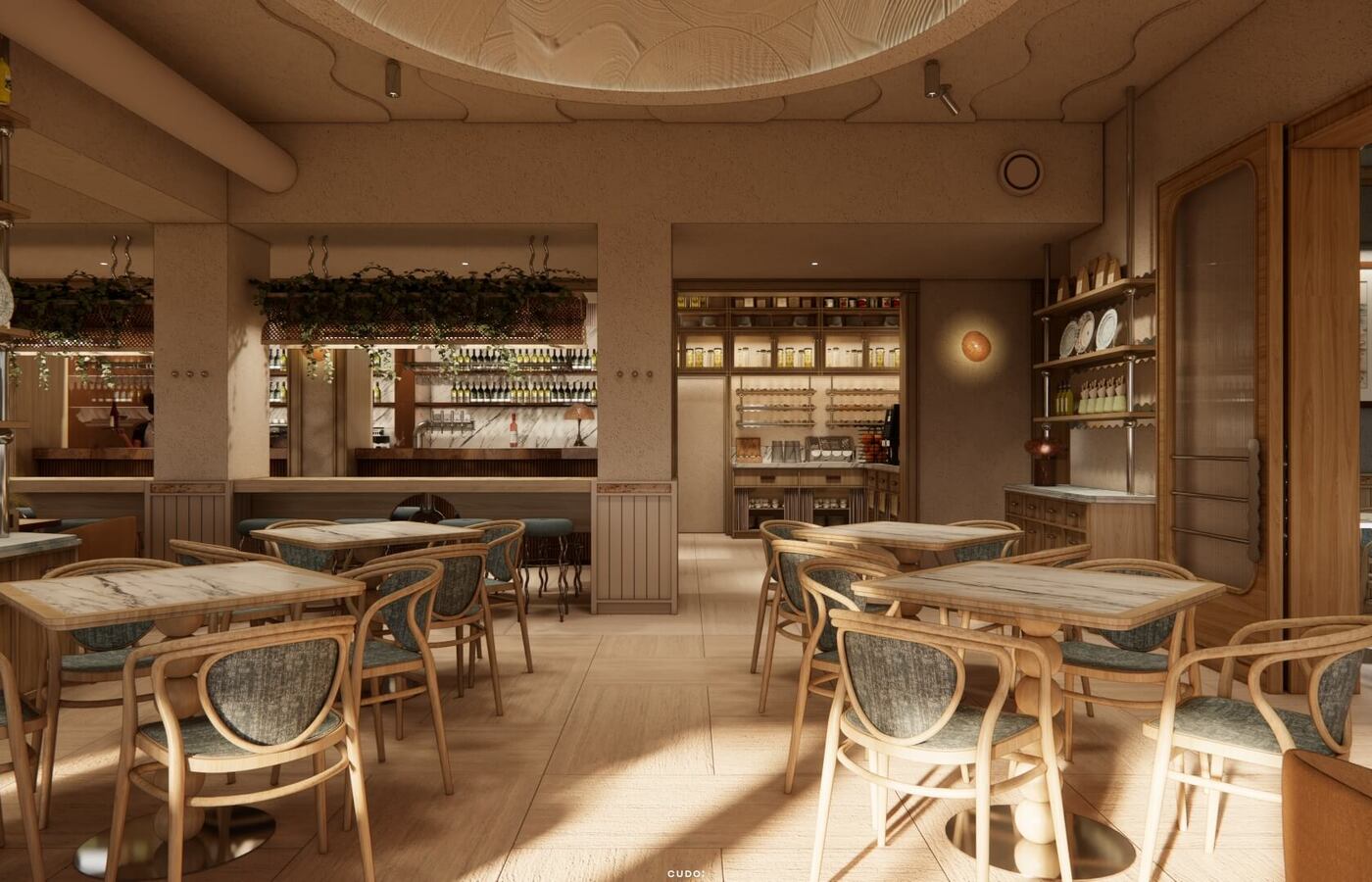 Przytulna drewniana restauracja z marmurowymi stolikami, giętymi krzesłami, oświetlonym barem i zielonymi półkami.