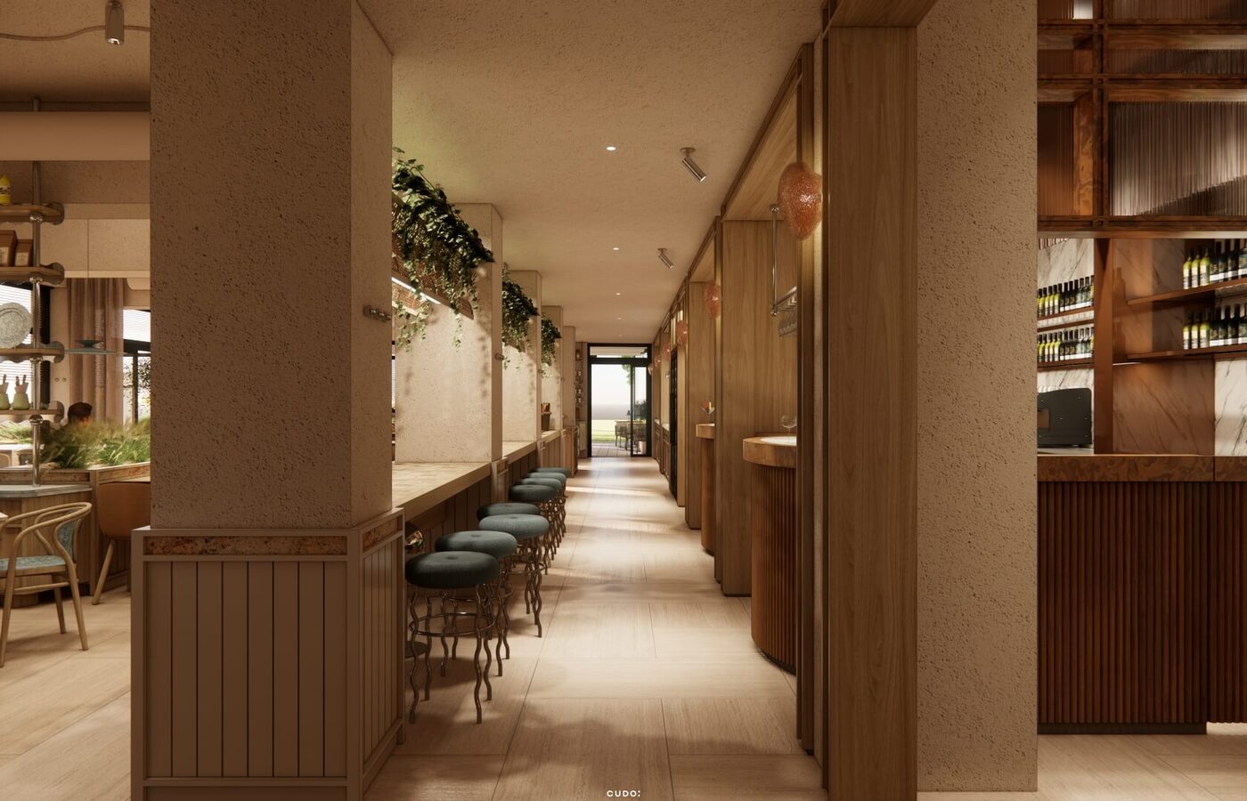 Ciepły drewniany bar i korytarz jadalny z roślinami, miękkimi stołkami, marmurowymi półkami z win i widokiem na taras