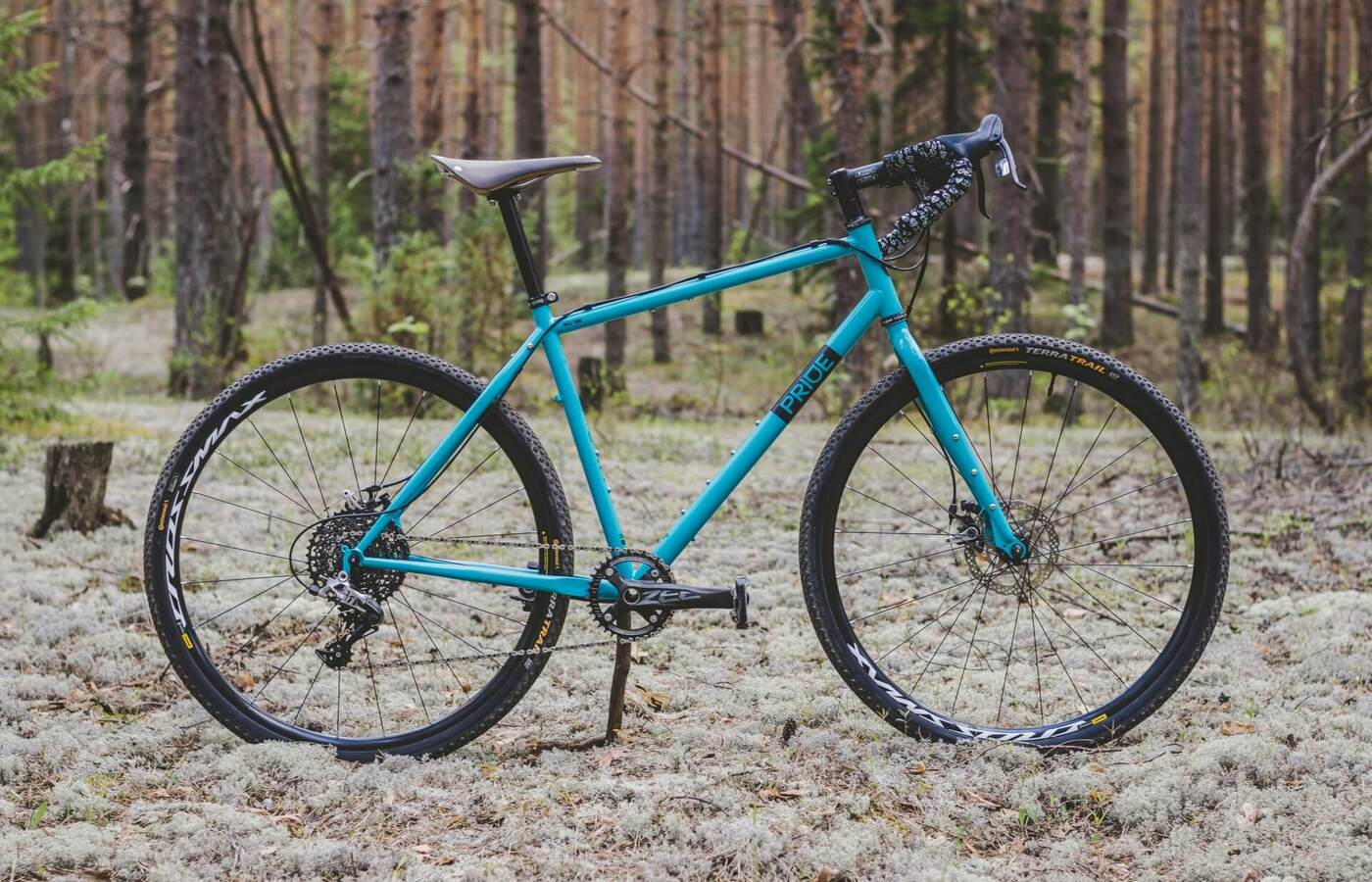 Turkusowy rower gravel na mchu w lesie — sprzęt do wypożyczenia dla gości odkrywających pobliskie szlaki.