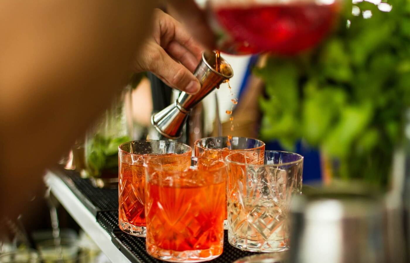 Barman nalewa intensywnie pomarańczowo-czerwone koktajle do kryształowych szklanek z lodem przy barze, świeże zioła obok