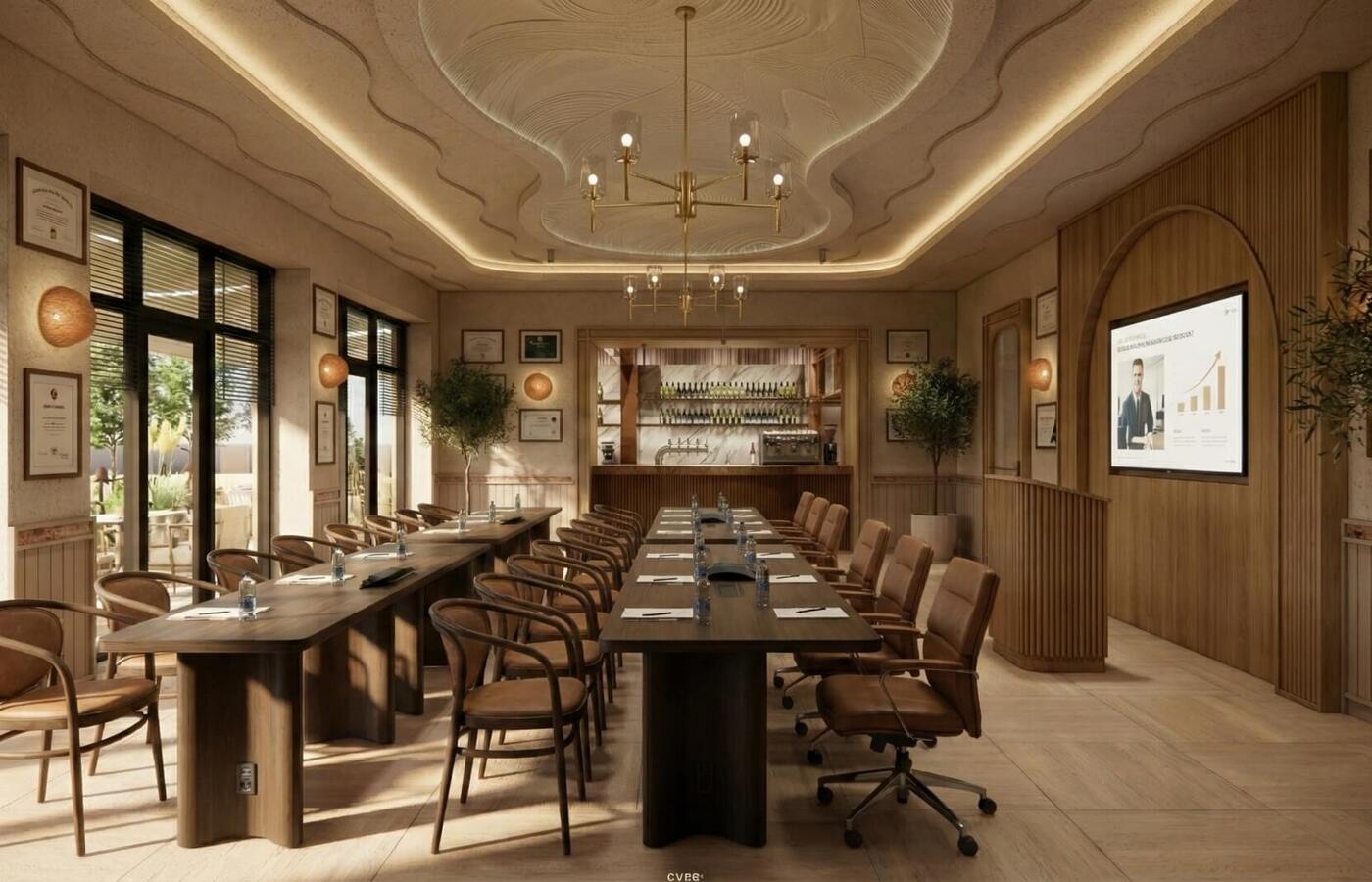 Elegancka drewniana sala konferencyjna z długimi stołami, skórzanymi fotelami, ekranem i wyjściem na taras.