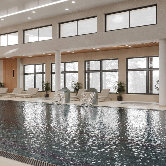 Kryty basen sportowy z kaskadami wodnymi, dużymi oknami, leżakami przy basenie, jacuzzi i nowoczesnym drewnianym wnętrzem spa