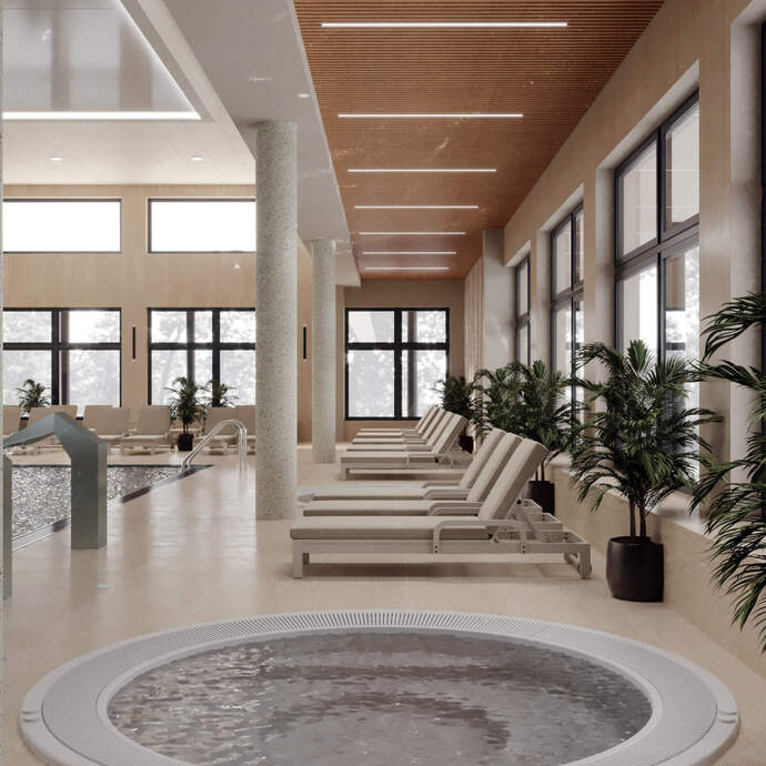 Strefa spa z okrągłym jacuzzi, basenem do pływania, rzędem leżaków, dużymi oknami i drewnianym sufitem.
