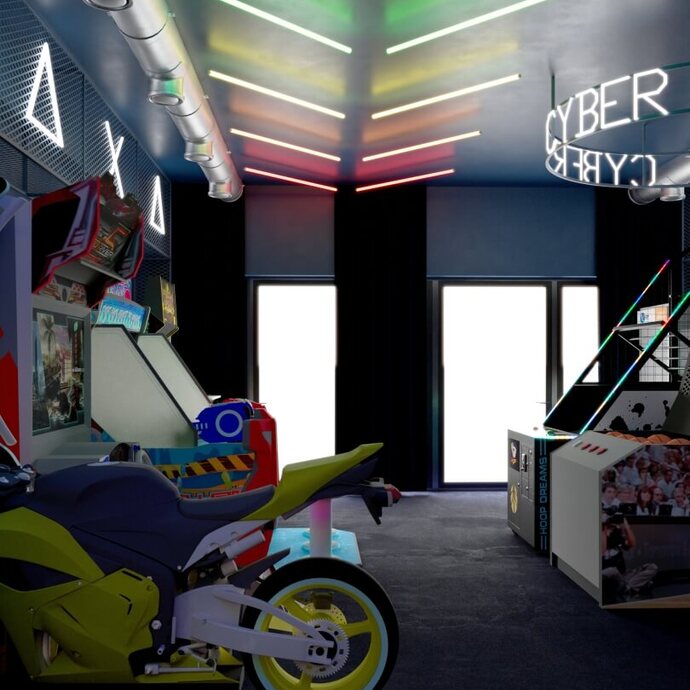 Neonowa sala gier w hotelu z symulatorem wyścigów motocyklowych, automatami i koszykarskim stanowiskiem, odsłoniętą wentylacją i kolorowymi LED.