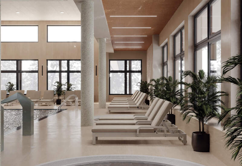 Strefa spa z okrągłym jacuzzi, basenem do pływania, rzędem leżaków, dużymi oknami i drewnianym sufitem.