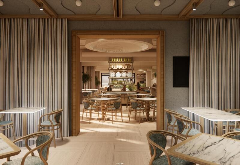 Przytulna restauracja hotelowa z marmurowymi stolikami, giętymi krzesłami i barem z talerzami i butelkami