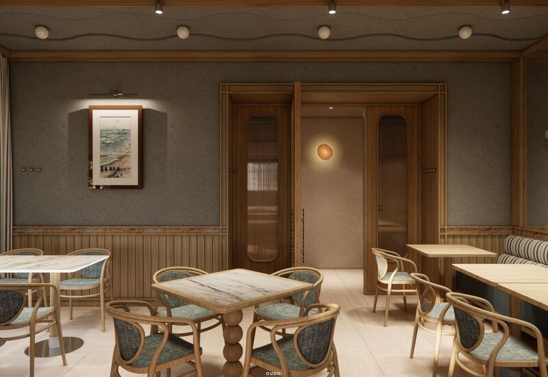 Przytulna jadalnia hotelowa z marmurowymi stolikami, giętymi drewnianymi krzesłami, kanapą w pasy i ciepłym oświetleniem.