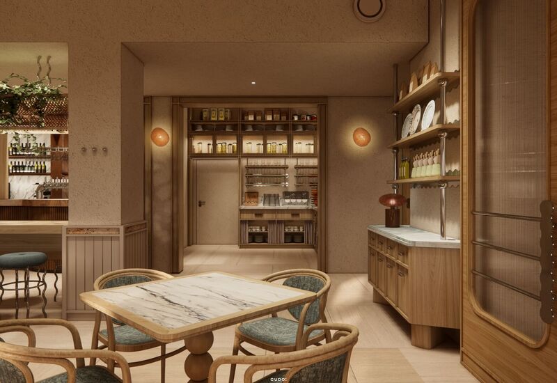 Przytulny kącik jadalny w hotelu z marmurowym stołem, rattanowymi krzesłami, drewnianym barem, otwartymi półkami i ciepłym oświetleniem.