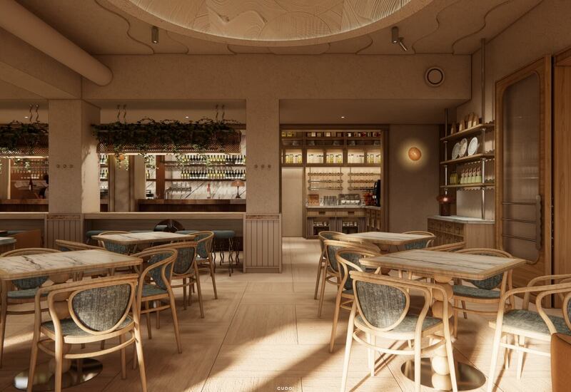 Przytulna drewniana restauracja z marmurowymi stolikami, giętymi krzesłami, oświetlonym barem i zielonymi półkami.