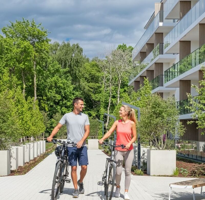 Para prowadzi rowery przy hotelu z nowoczesnymi balkonami, bujną zielenią i leśnym widokiem