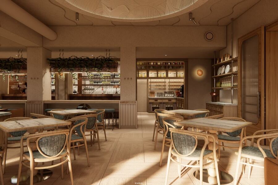 Przytulna drewniana restauracja z marmurowymi stolikami, giętymi krzesłami, oświetlonym barem i zielonymi półkami.