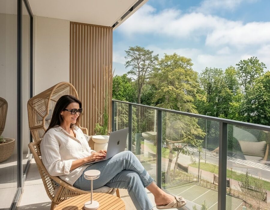 Gość pracuje na laptopie na prywatnym balkonie z rattanowymi fotelami, stolikiem, przeszkloną balustradą i widokiem na park