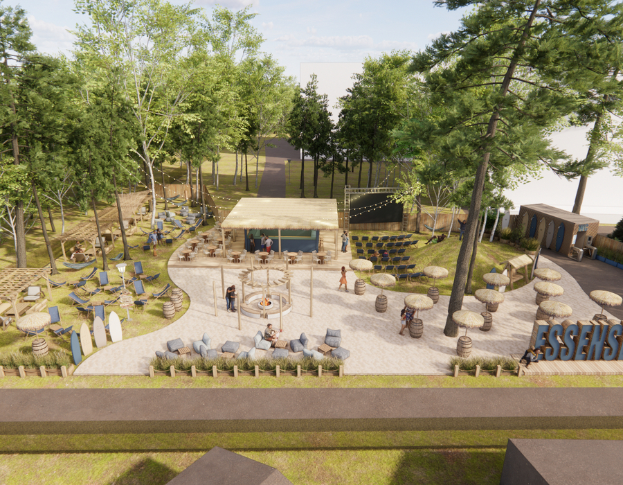 Plenerowy lounge w lesie z barem pod strzechą, piaszczystą strefą wypoczynku, ogniskiem, hamakami i kinem plenerowym