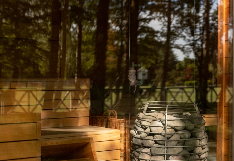 Drewniana sauna z przeszkloną ścianą, ławkami i metalowym piecem wypełnionym kamieniami oraz widokiem na las.