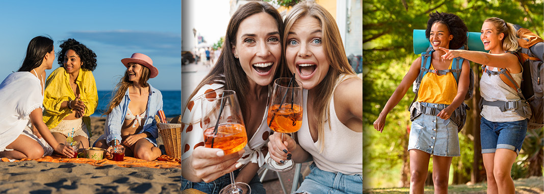 Women enjoying relaxing moments together at the beach, over drinks and outdoors