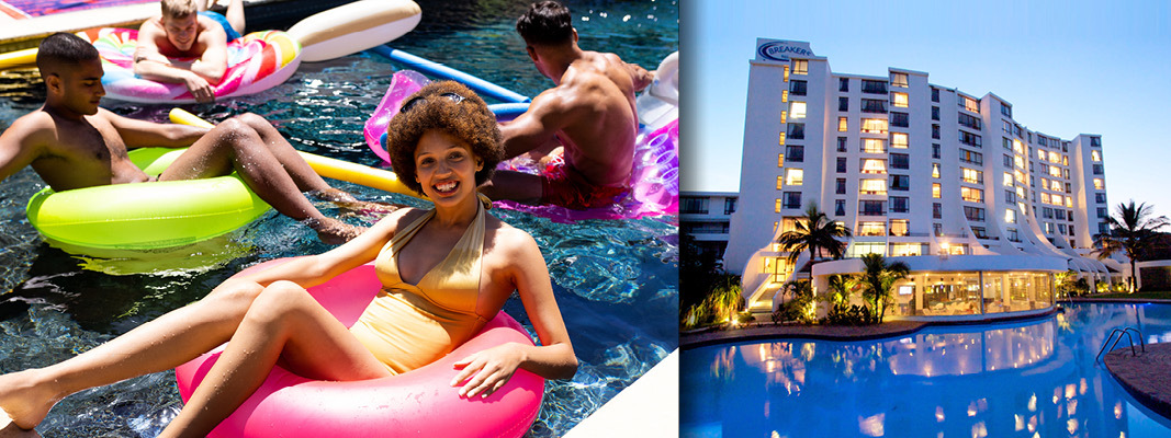 Guests relaxing in the pool and an exterior view of Breakers Resort in Umhlanga