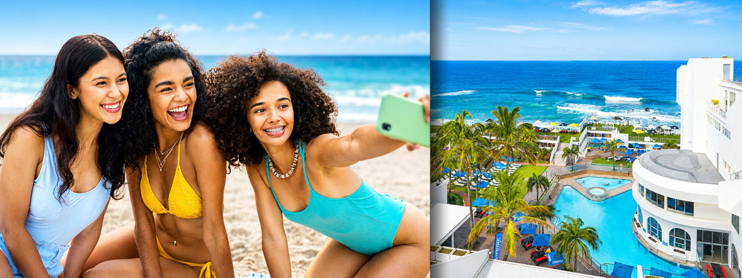 Friends taking a beach selfie and an ocean view of La Montagne in Ballito