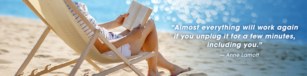 A peaceful beach chair scene featuring an Anne Lamott quote about taking time to unplug