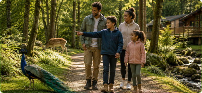 Family enjoying a woodland walk during a summer holiday in the Lake District