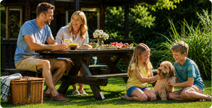 Family relaxing together in the peaceful grounds of Brockwood Hall