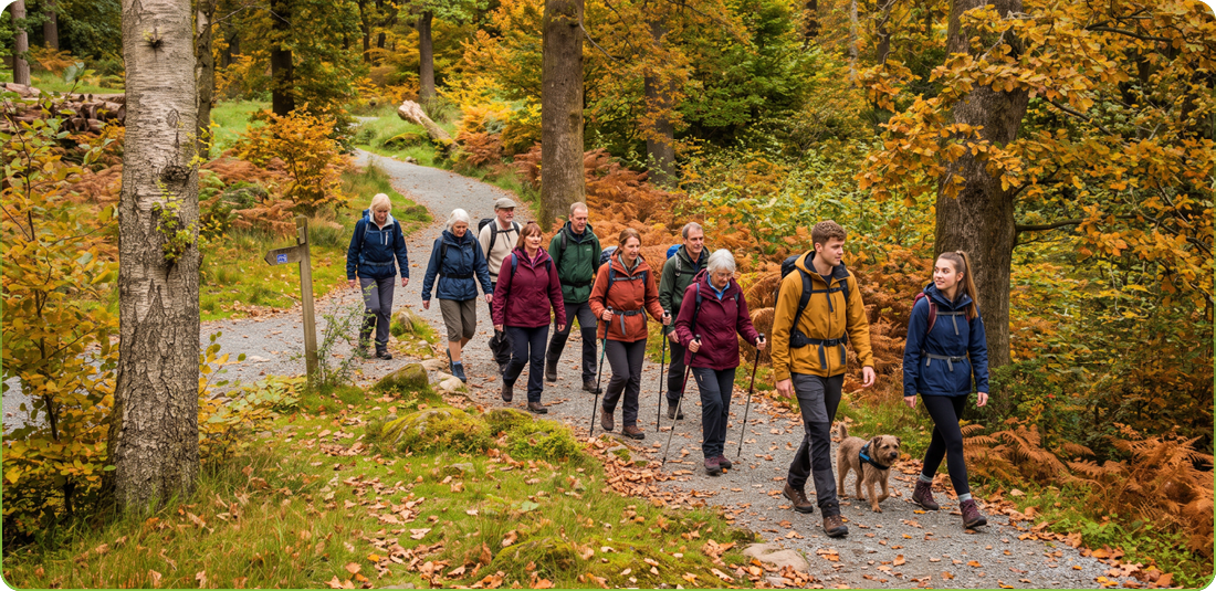 Family woodland walk in autumn