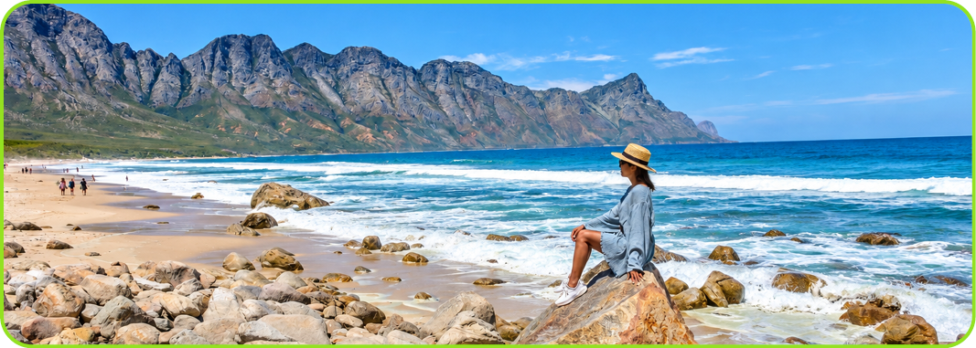 Scenic South African beach with ocean and mountain views for a November holiday
