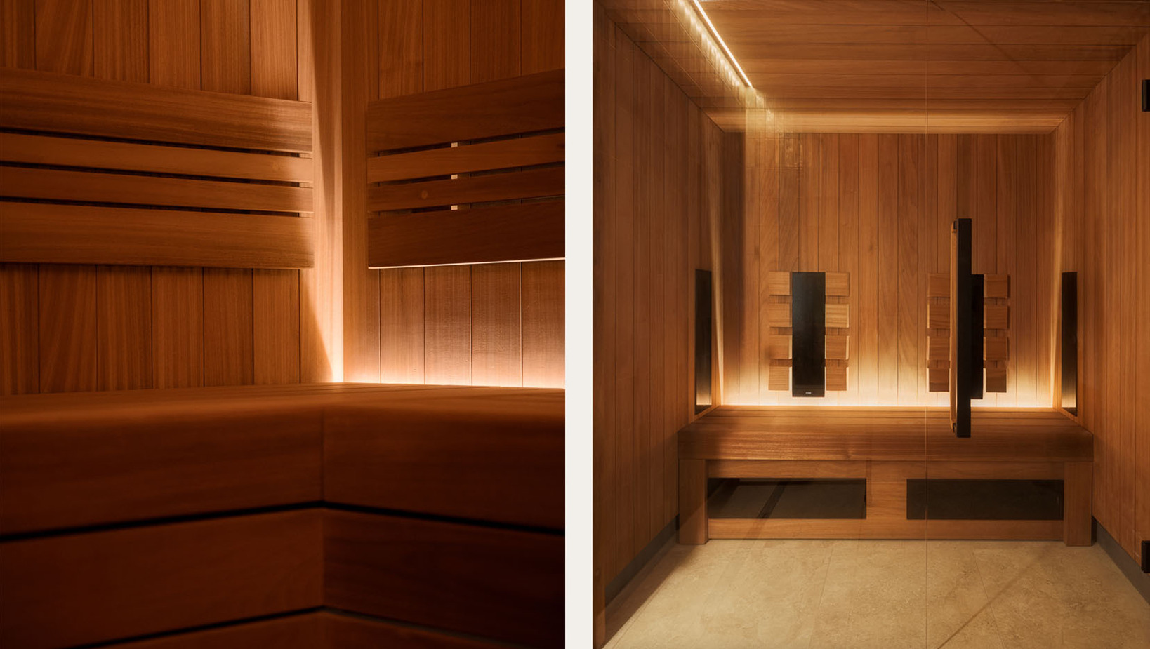 Prywatna sauna hotelowa z drewnianymi ławami i panelami, ciepłym oświetleniem LED i przeszklonym wejściem