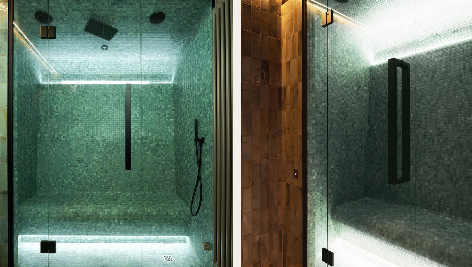 Przytulna parowa kabina spa z zielonymi mozaikowymi płytkami, wbudowaną ławką, szklaną drzwią, deszczownicą i dyskretnym podświetleniem LED.