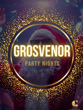 Festive poster of Santa in sunglasses framed by gold confetti, bold 'Grosvenor' text promoting hotel party nights.