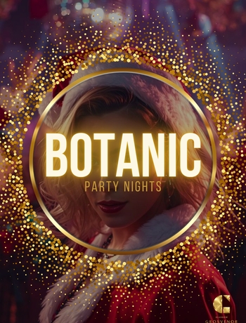 Botanic Party Nights poster: woman in Santa-style fur coat inside gold circle with glitter confetti and Grosvenor Hotel logo