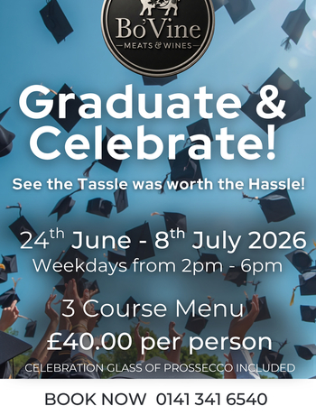 Bo'Vine logo over sky of tossed graduation caps, cheering hands and bold text promoting a graduation celebration menu.