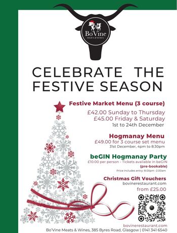 Bo'Vine festive poster: longhorn logo, 'Celebrate the Festive Season' headline, snowflake Christmas tree, menu prices, Hogmanay details, QR code