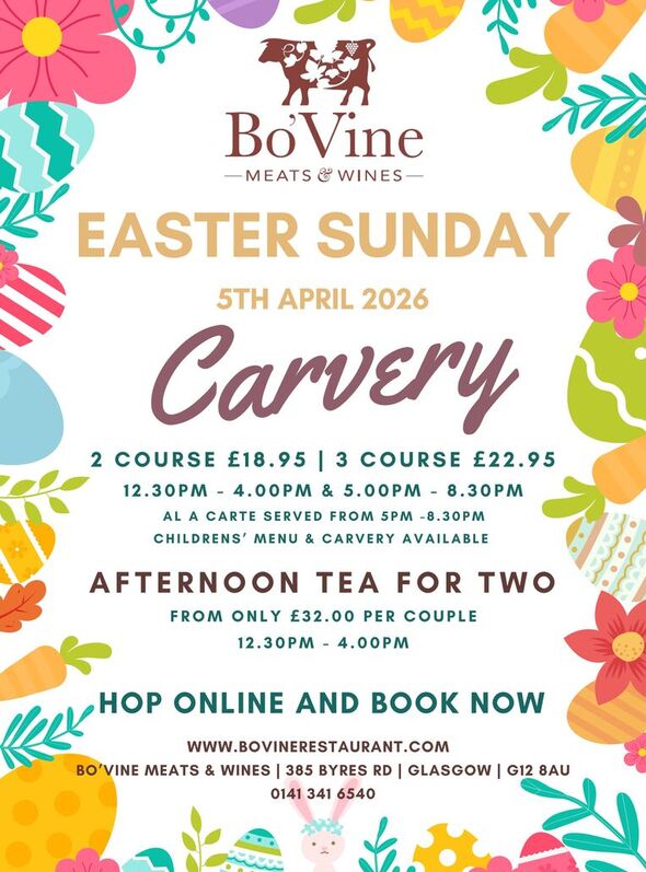 Bo'Vine Meats & Wines Easter carvery — 5 Apr 2026; 2/3-course carvery and afternoon tea for two, colorful eggs and floral border.