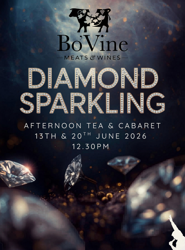Bo'Vine Meats & Wines 'Diamond Sparkling' afternoon tea & cabaret poster — glittering diamonds, dark luxe backdrop, 13 & 20 June 2026 12:30pm