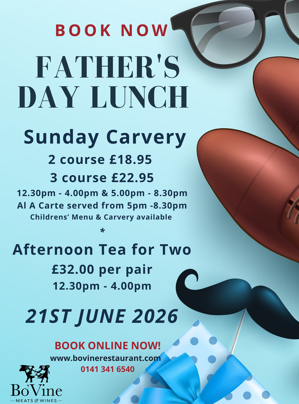 Father's Day lunch poster: Sunday carvery with 2-course £18.95/3-course £22.95, afternoon tea for two £32, 21st June 2026, sunglasses, shoes, gift.