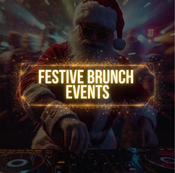 Santa DJ in sunglasses mixing at a lit DJ booth with golden sparkles, festive lights and bold 'Festive Brunch Events' sign.