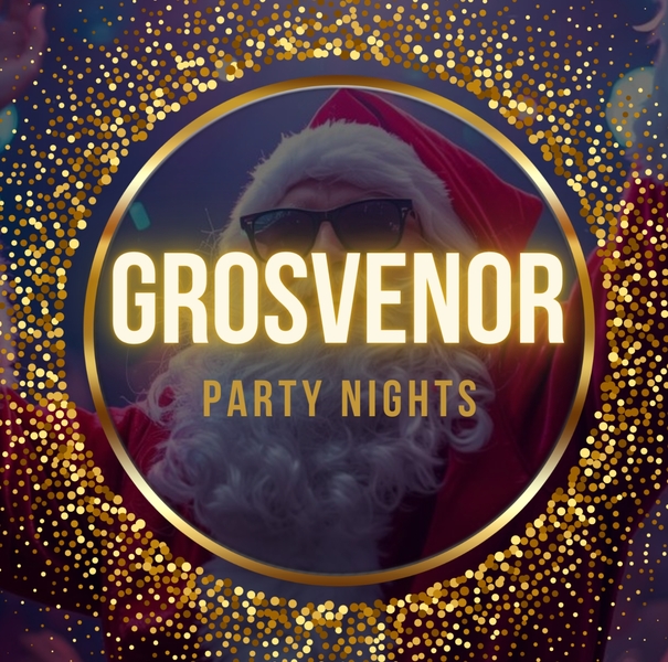 Festive poster of Santa in sunglasses framed by gold confetti, bold 'Grosvenor' text promoting hotel party nights.