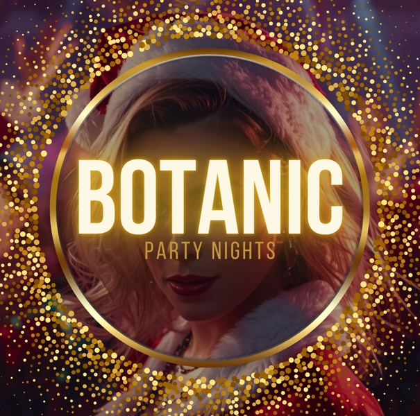 Botanic Party Nights poster: woman in Santa-style fur coat inside gold circle with glitter confetti and Grosvenor Hotel logo